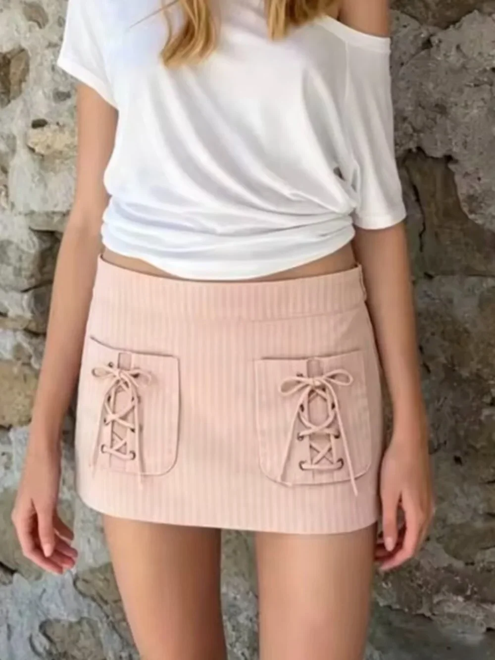 Women Elegant Pink Stripe Mini Skirt High Waist Bow Pocket Short Skirt Woman